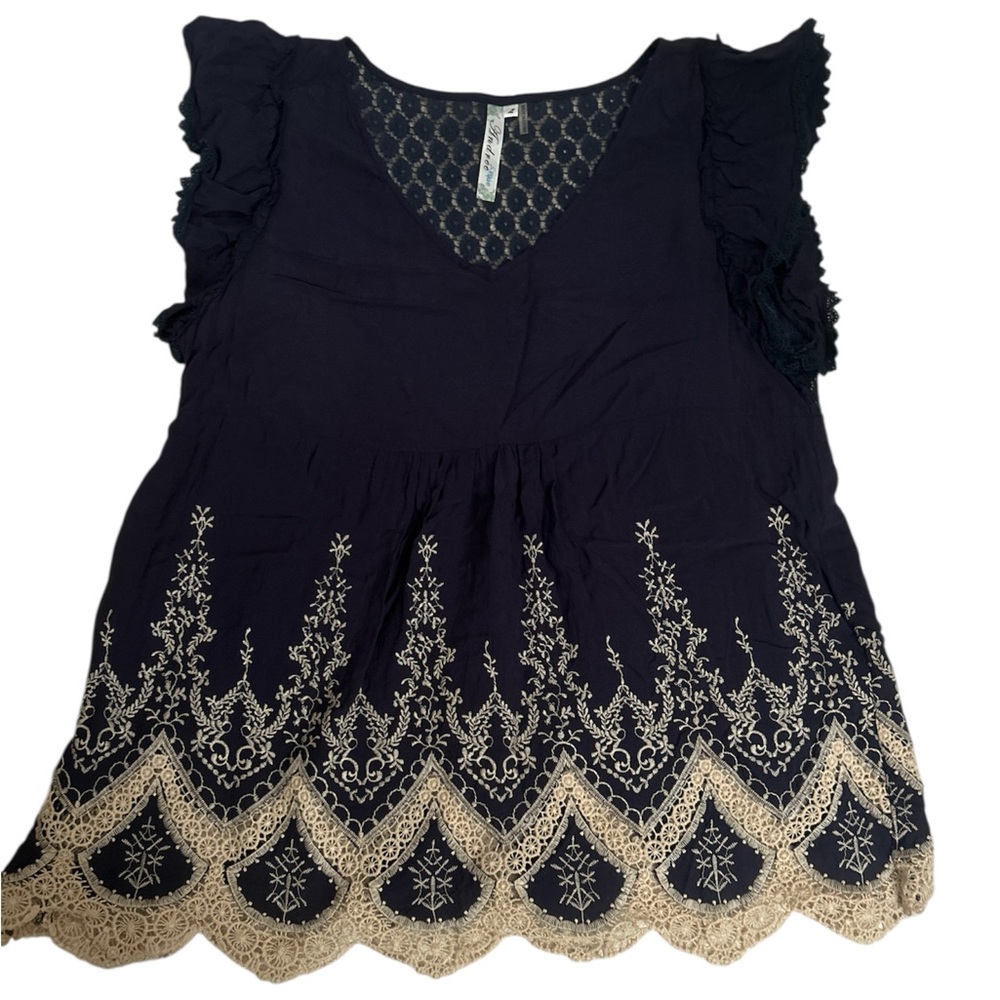 Andree Blue Embroidered Lace Babydoll Top L Navy Blue